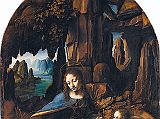 London National Gallery Top 20 05 Leonardo da Vinci - The Virgin Of The Rocks Leonardo da Vinci - The Virgin of the Rocks, 1508, 190 x 120 cm. Placing the Virgin Mary and the Christ child in a rocky cave was quite unconventional and controversial. The Virgin Mary, the Angel Uriel, Christ, and John the Baptist all form a triangle, each person somehow connected to the next. The Virgin Mary has her left hand extended carefully over the head of Christ, while Uriel is gently propping him up. At the same time, she is delicately pointing to John. The plants within the dark cavern symbolize the fertility and life that Mary represents, while the white flowers symbolize her purity. Leonardo's delicate use of colour and sfumato are beautiful examples of his advanced understanding of distance and depth. The artist�s Milanese clients must have worried about confusing the two infants, for a later hand has given John an identifying scroll and a cross clumsily rooted in one of Leonardo�s exquisite studies of plants.